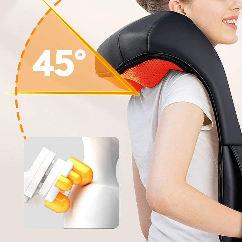 Woman using the heated massager on her neck and shoulders